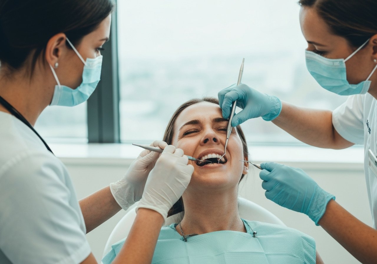 Patient receiving professional dental checkup and crown maintenance consultation