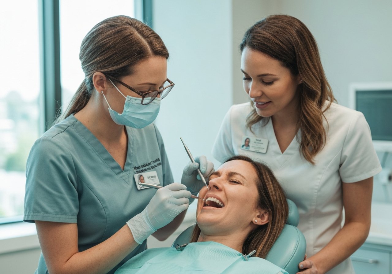 Caring dental hygienist performing gentle examination with patient at Ottawa clinic