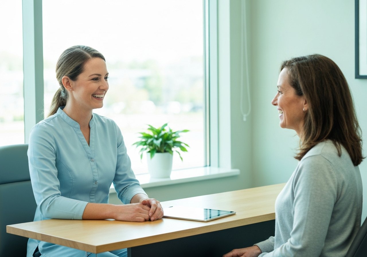 Caring dental team with adult patient