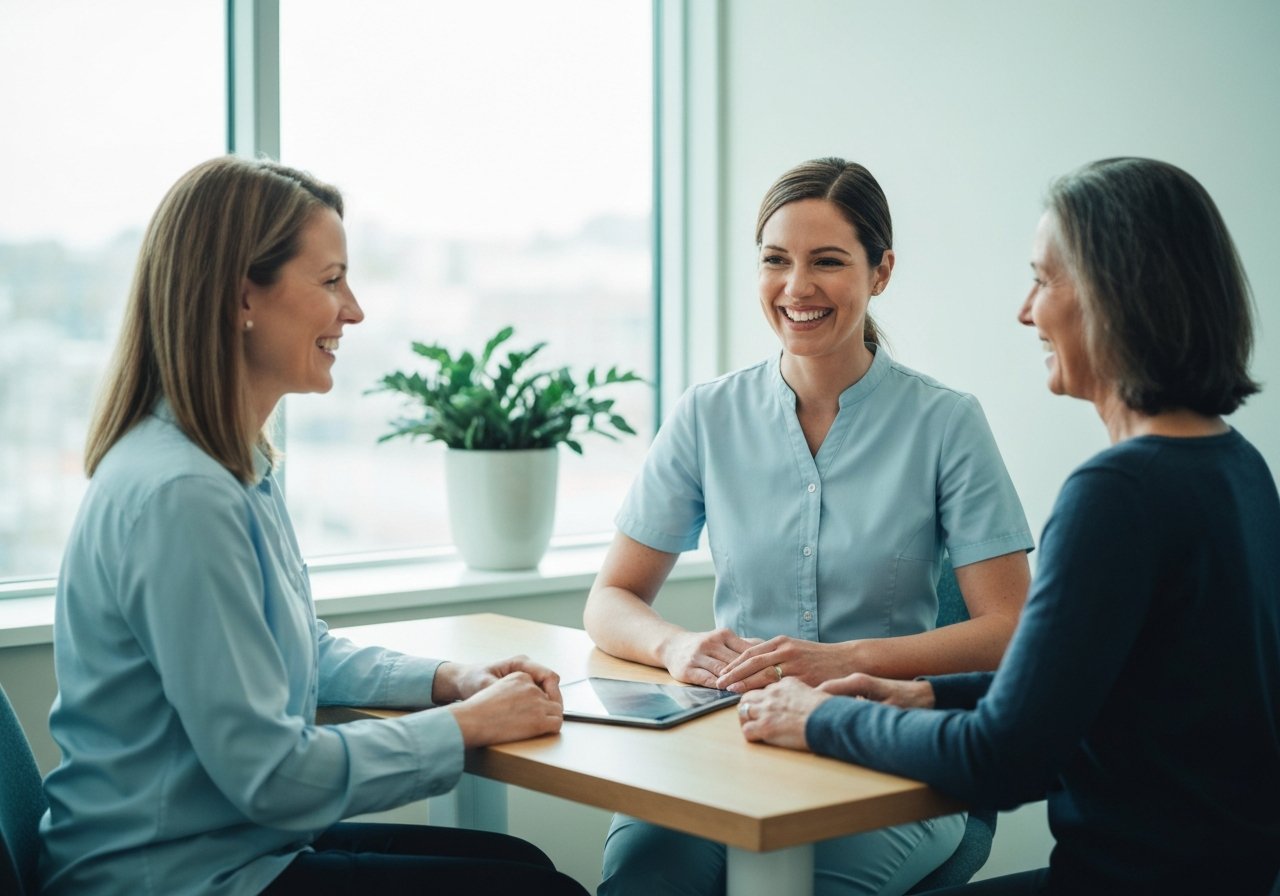 Caring dental implant team member discussing treatment with patient