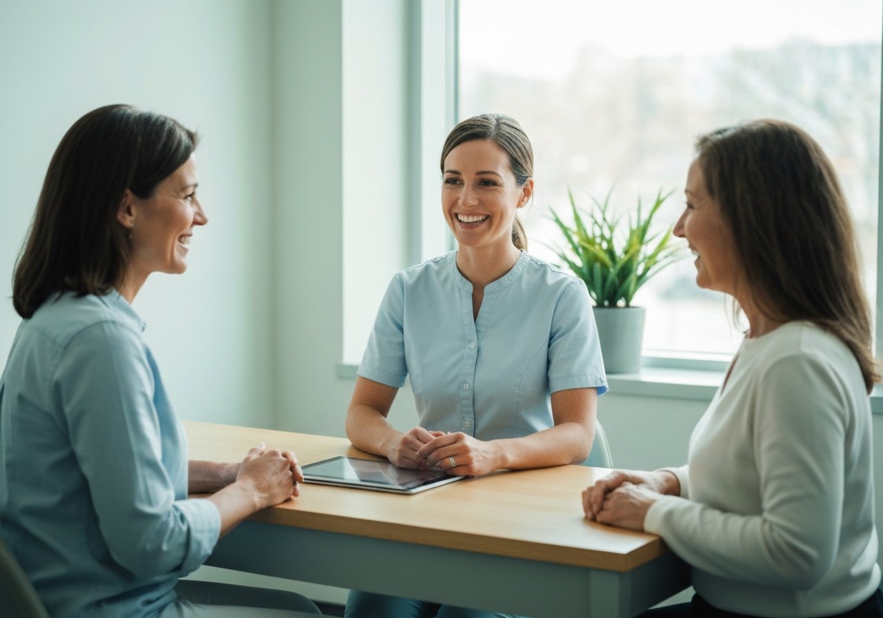Caring surgical team member discussing sinus lift procedure with patient