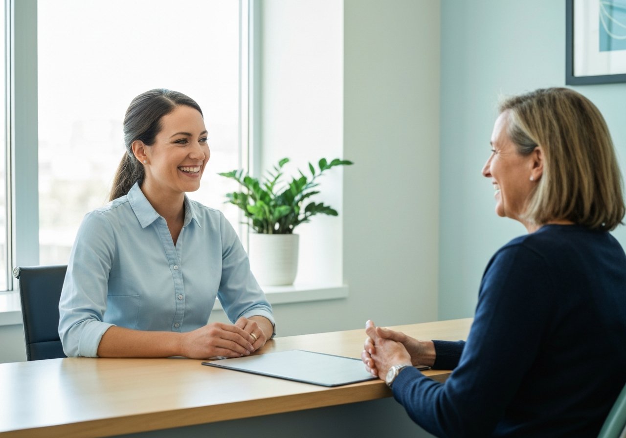 Caring dental team member discussing sleep apnea appliance options with patient