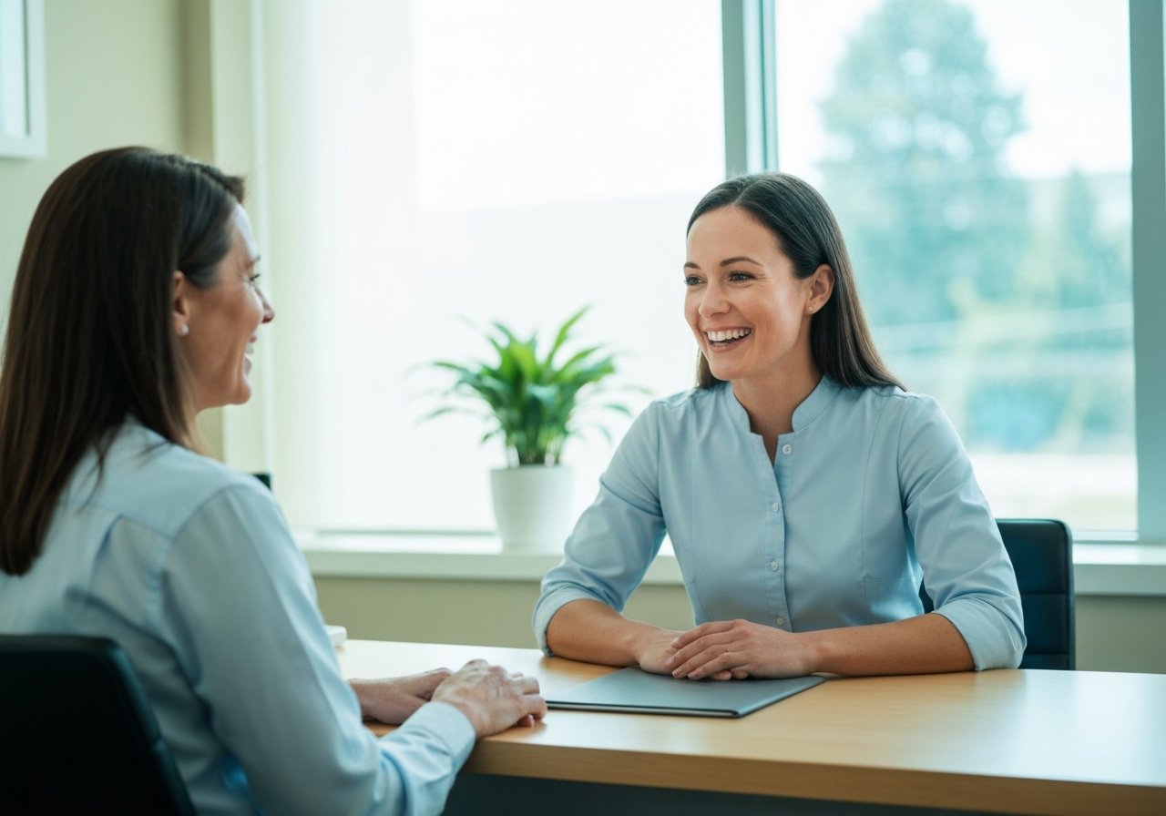 Caring cosmetic dentist discussing smile design results with patient