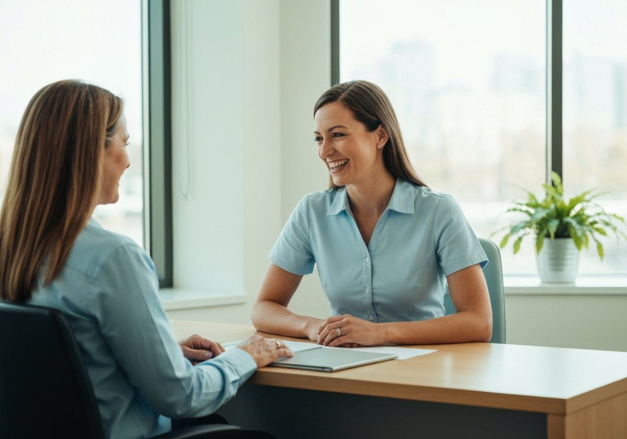 Caring cosmetic dentist discussing teeth whitening options with patient