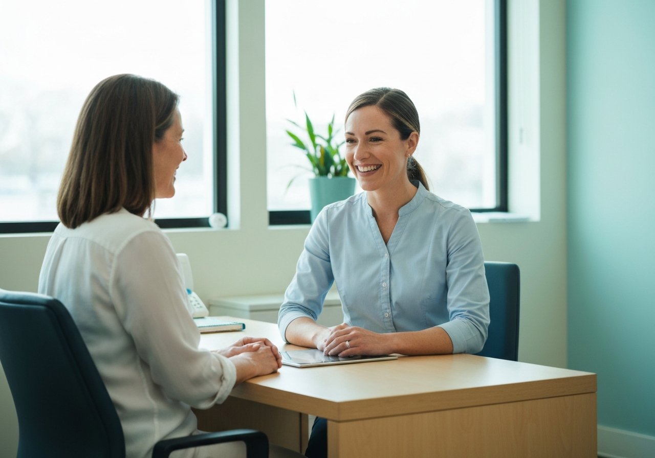 Caring dental team member discussing TMJ treatment options with patient
