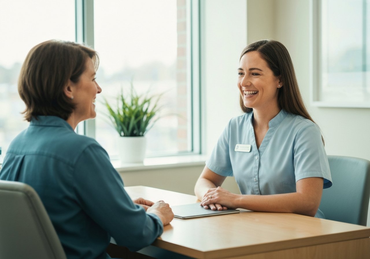 Caring cosmetic dentist discussing white spot removal options with patient